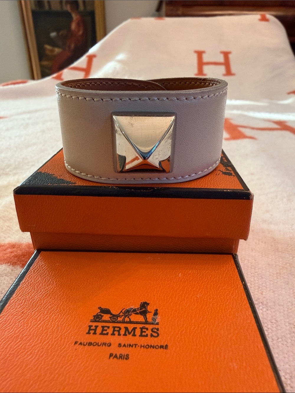 Vintage Hermes Cream Medor Leather Bracelet cuff with Silver stud Like New